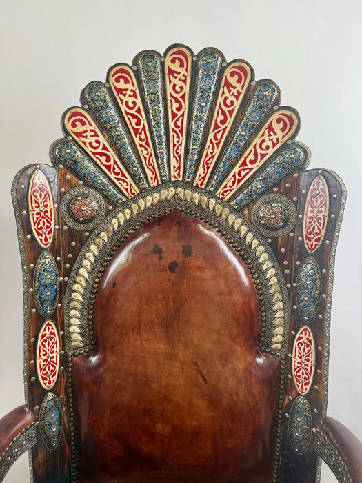 Portuguese Colonial Style Leather & Filigree Design Throne Chair