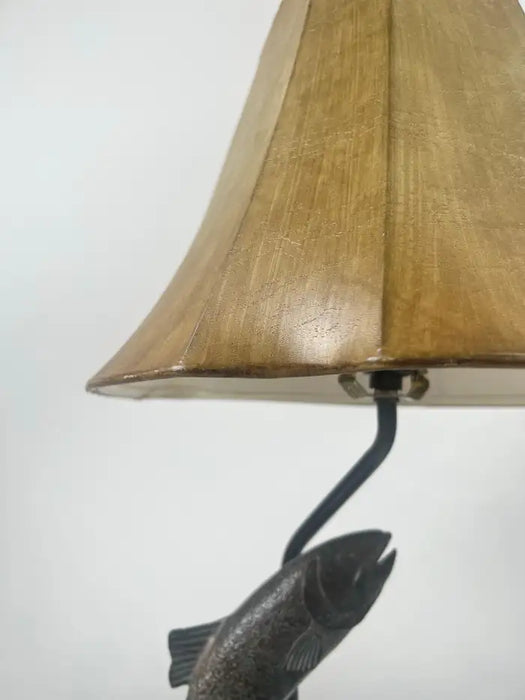 Rustic Style Flying Trout Table Lamp with Bronzed Base and Faux Leather Shade