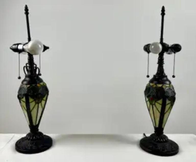 Art Nouveau Tiffany Style Brown & Green Stained Glass Table Lamp, a Pair