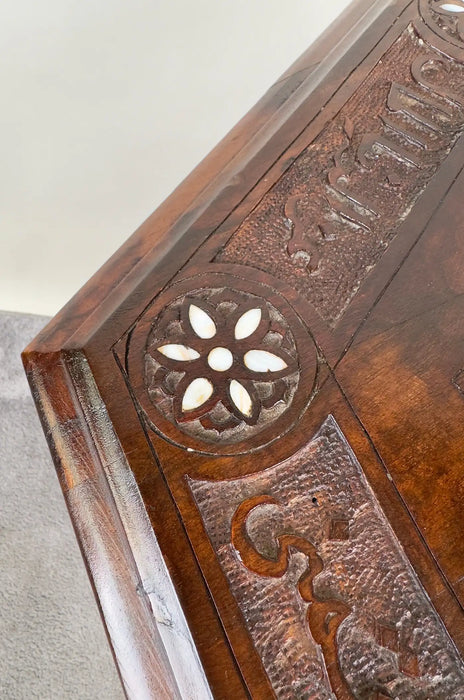 Vintage Syrian Hexagonal Walnut and Bone inlay Hand -Carved Center of End Table