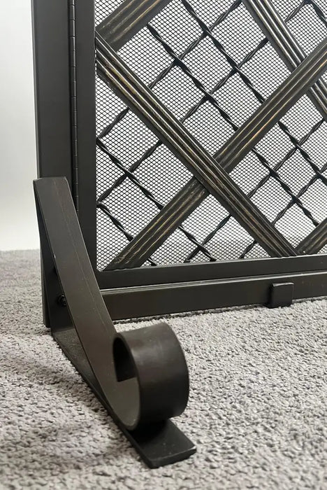 Art Deco Style Black & Bronzed Metal Two-Door & Diamond Design Fireplace Screen