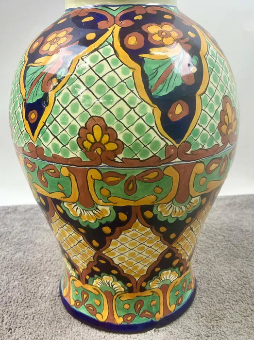 Mexican Talavera Multi-color Handmade Pottery Lidded Vase or Urn