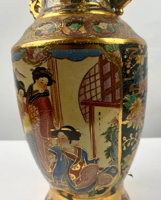 Vintage Royal Satsuma Japanese Hand-Painted Urn Style Vase, a Pair