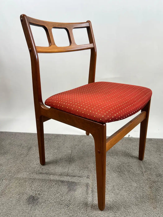 Danish Mid-Century Modern Teak Dining Chairs w Rust Red Dotted Upholstery, Set 6