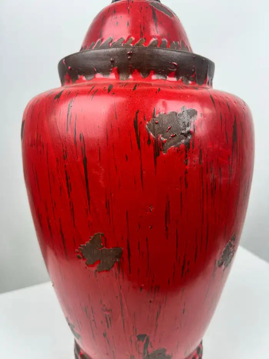 Vintage Chinese Oriental Red Pottery Vase with Lid in Antiqued Design