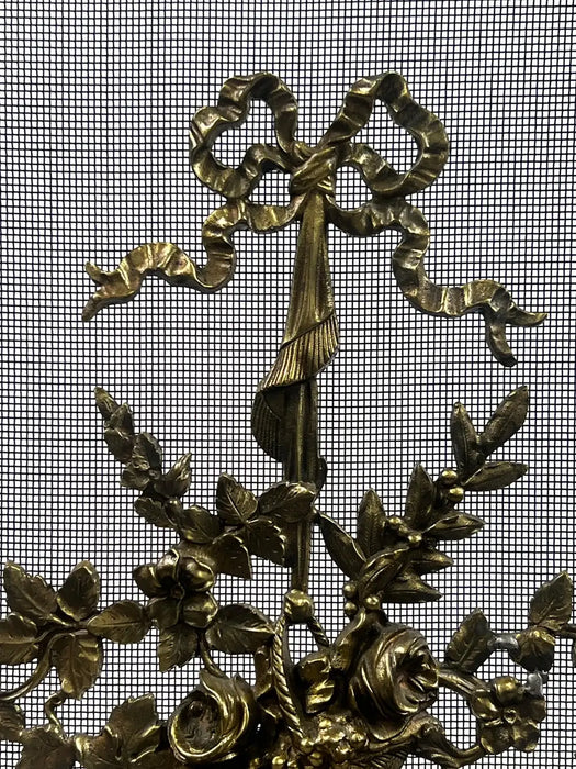Antique French Art Nouveau Brass Firescreen with Floral & Ribbon Bouquet