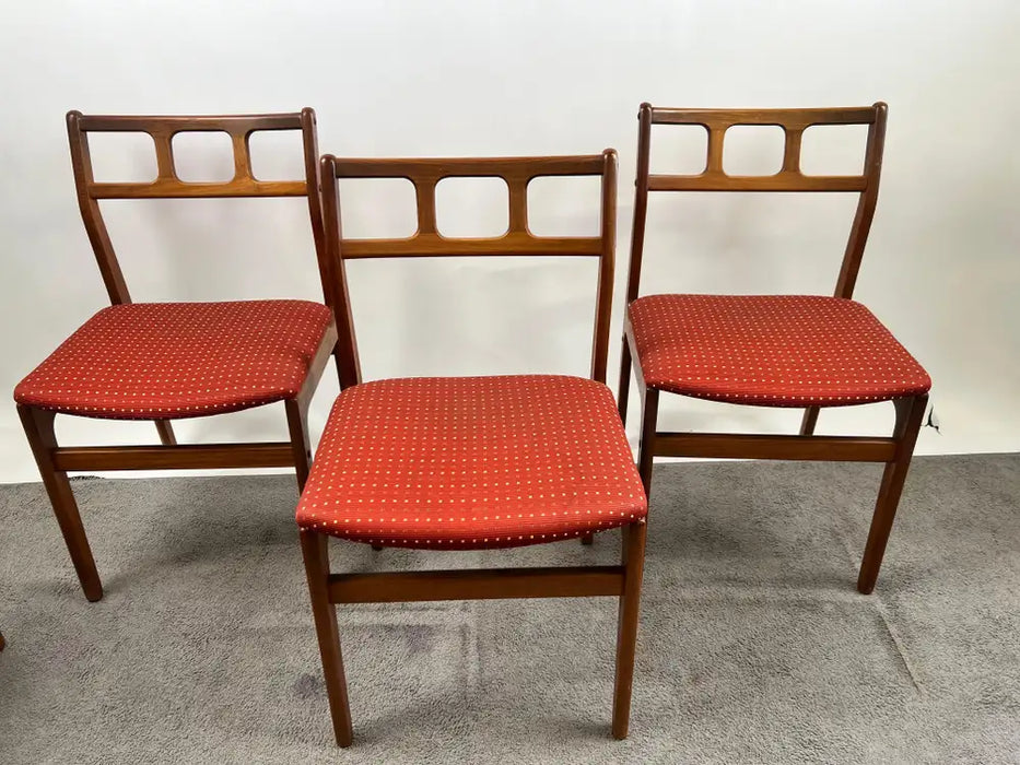 Danish Mid-Century Modern Teak Dining Chairs w Rust Red Dotted Upholstery, Set 6