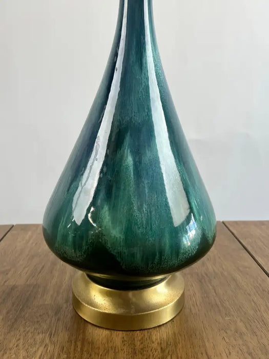 Mid-Century Modern Green Malachite Teardrop Design Table Lamp w Custom Shade