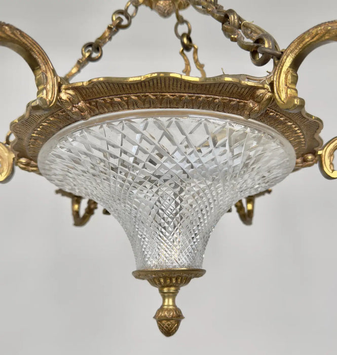 French Empire Style Ormolu Bronze Chandelier with Cut Crystal Bowl, 6 Arms