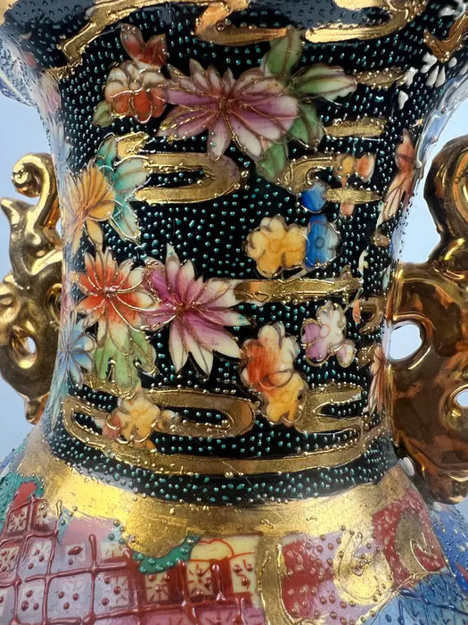 Vintage Royal Satsuma Japanese Hand-Painted Urn Style Vase, a Pair