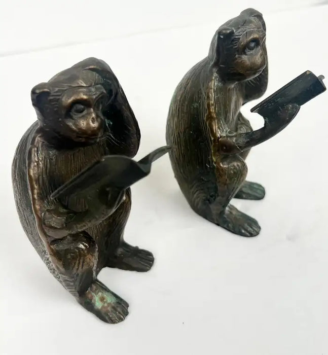 Vintage Brass Monkey Reading Book Figurine & Paperweight , a Pair
