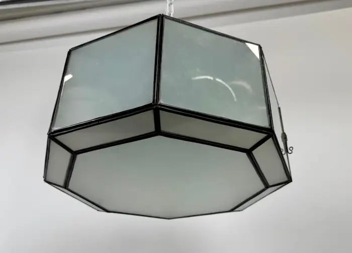 Art Deco Style White Milk Glass and Bronze Octagon Shape Pendant or Flush Mount