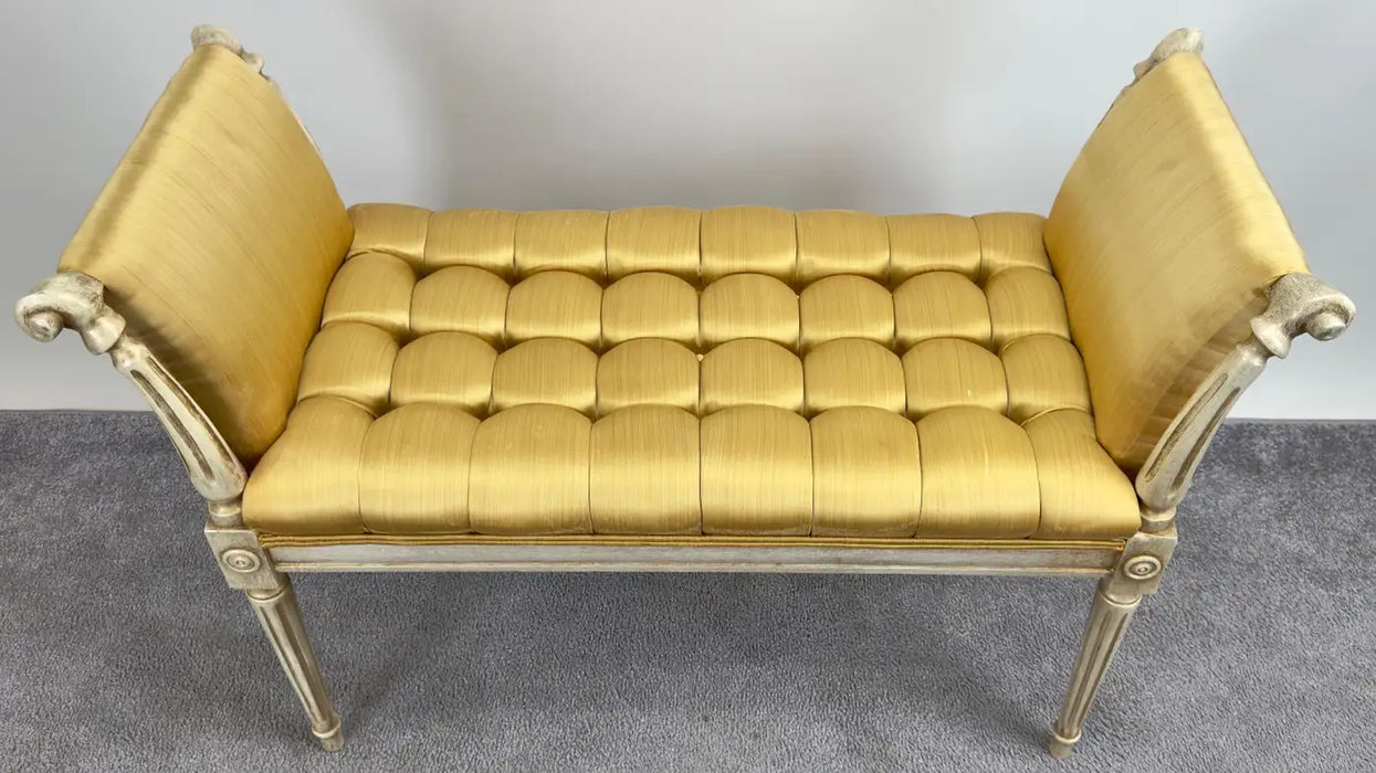 French Louis XVI Style Tufted Gold Upholstery Window Seat Bench