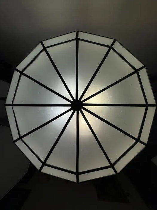 Art Deco Style Large Circular White Milk Glass & Bronze Pendant, Chandelier