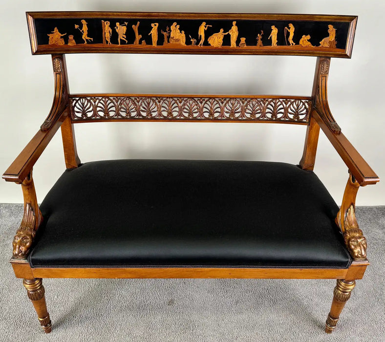 Italian Neoclassical Style Settee with Carved Wood and Black Upholstery