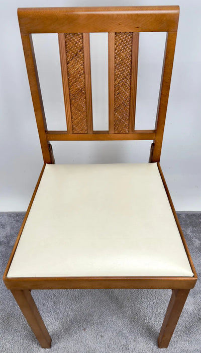 Mid Century Modern White Faux Leather and Carved Walnut Folding Chair, Set of 4