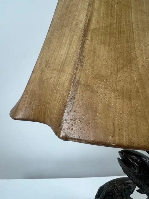 Rustic Style Flying Trout Table Lamp with Bronzed Base and Faux Leather Shade