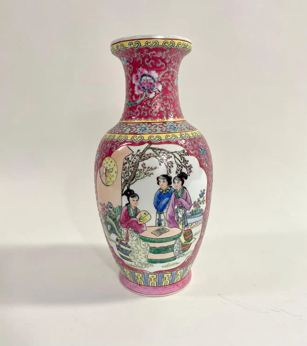 Vintage Oriental Ceramic Vase with Ladies in the Garden Design