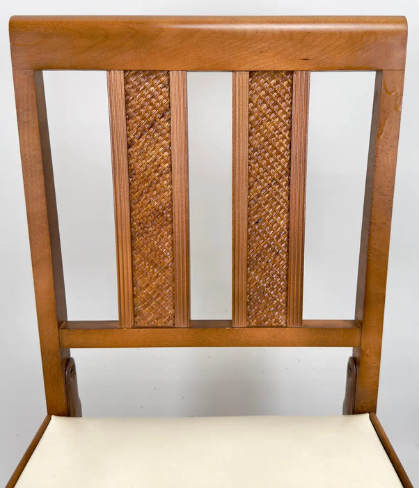 Mid Century Modern White Faux Leather and Carved Walnut Folding Chair, Set of 4