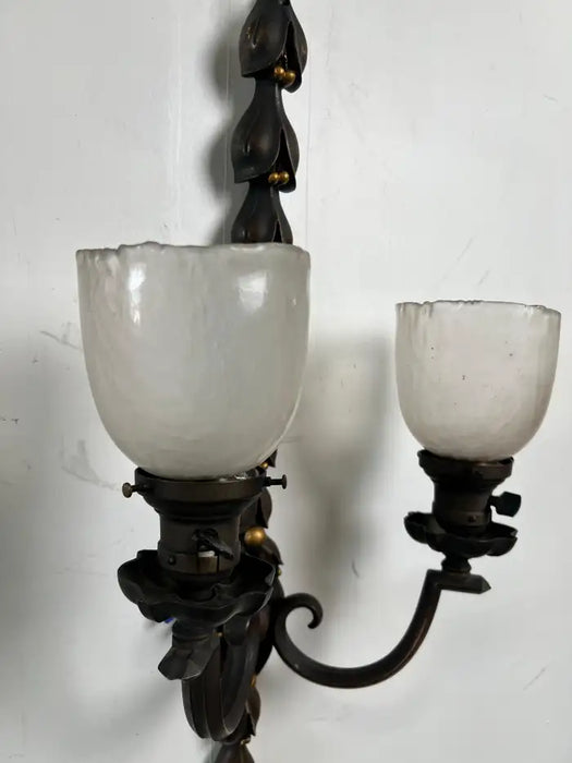 Art Nouveau Two Arms Bronze w Frosted Milk Glass Shades Wall Sconce, a set of 3