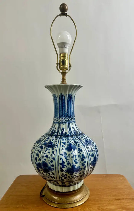 Oriental Chinese Ming Dynasty Style Blue & White Table Lamp w Org Shades, A pair