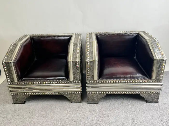Paul Evans Style Brutalist Handmade Brass & Leather Lounge Chair, a Pair