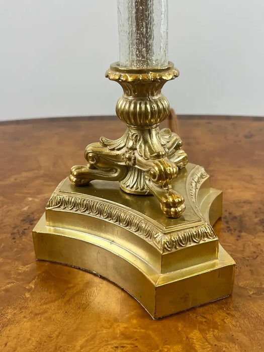 Vintage Empire Style Brass Fluted Crystal Column Table Lamp 1970's , a Pair