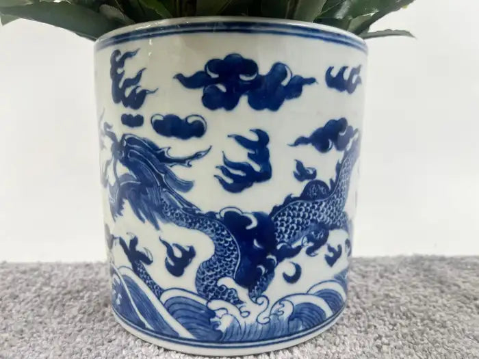 Chinese Qing Dynasty Style Blue & White Dragon Motif Porcelain Planter