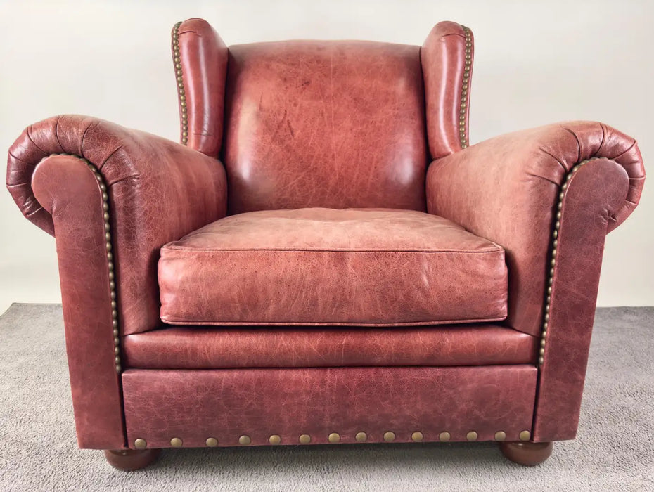 American Classical Style Distressed Leather Red - Brown Oversized Club Chair