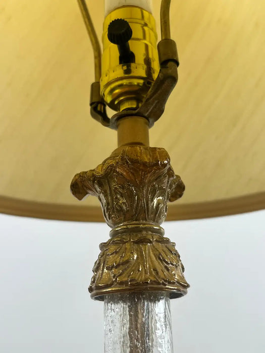 Vintage Empire Style Brass Fluted Crystal Column Table Lamp 1970's , a Pair