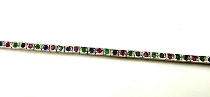 Art Deco Style Sterling Silver Ruby, Emerald & Sapphire Tennis Bracelet, 9 CT