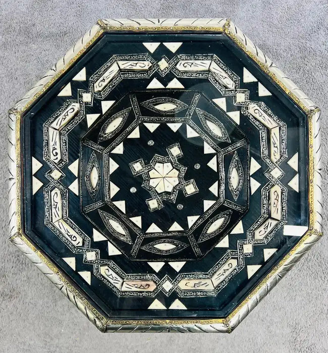 Moroccan Black & White Bone with Filigree Inlay Octagonal End Table, a Pair