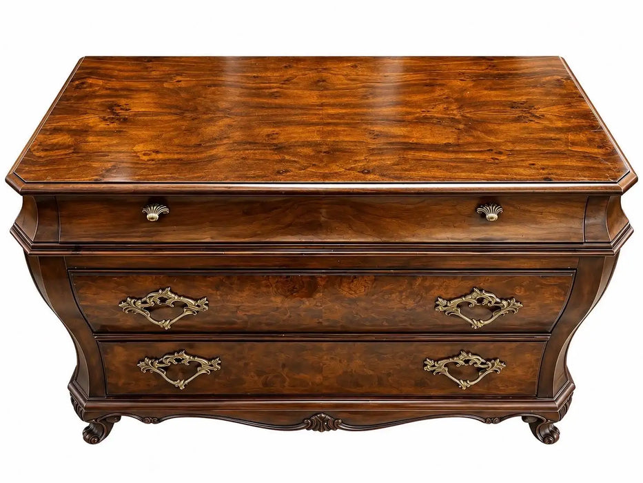 Karges Louis XVI Style Bombe Burl Walnut Three-Drawer Commode or Chest, 1980's