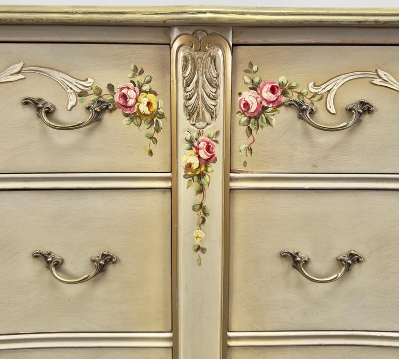 French Provincial Hand Painted Commode or Chest of Drawers with Floral Design