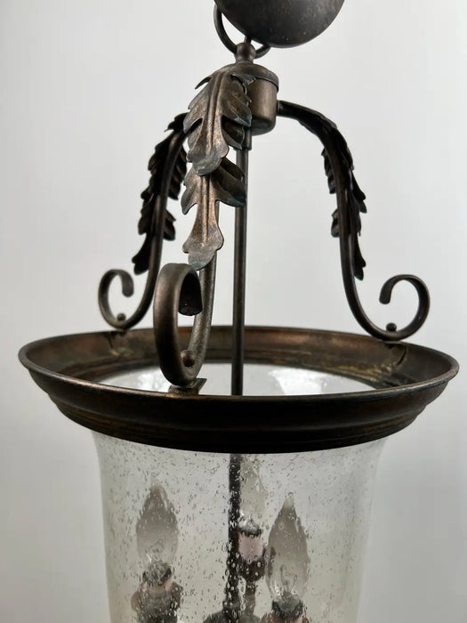 French Regency Style Bell Jar Pendant with Seeded Glass and Acanthus Leaf Bronze
