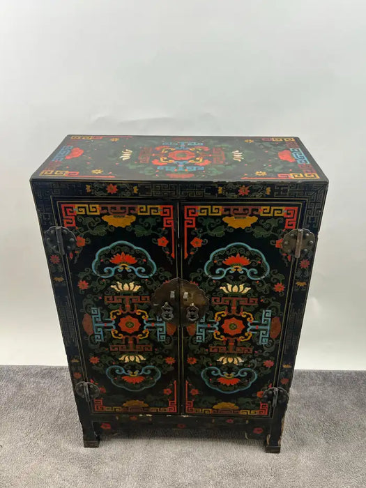 Vintage Asian Black Lacquered Cabinet or Chest with Hand-Painted Floral Motif