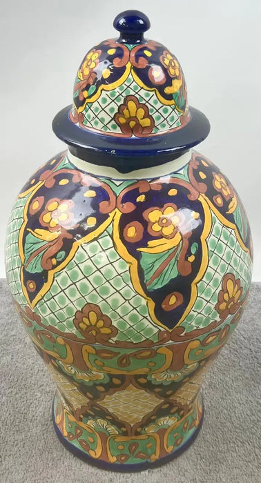 Mexican Talavera Multi-color Handmade Pottery Lidded Vase or Urn