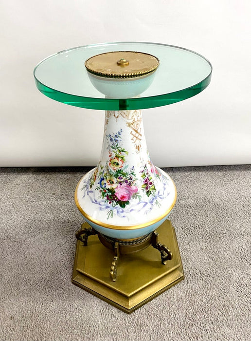 Empire Dresden Style Floral Vase End Table with Round Glass Top & Brass Base