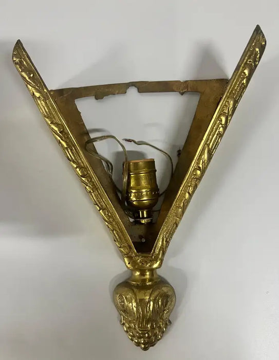 French Art Deco Brass & Frosted Glass Shield Shaped Wall sconce, a Pair