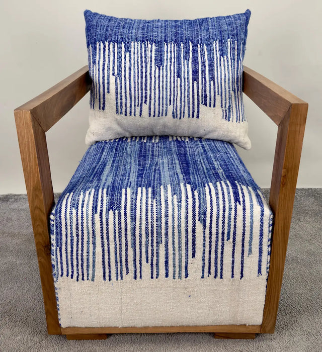 Art Deco style Walnut Lounge Chair with Blue & White Boucle Fabric