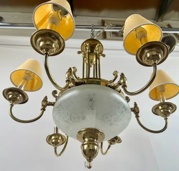 French Empire Style Brass & Etched Cut Glass Center Globe Chandelier - 6 Arms