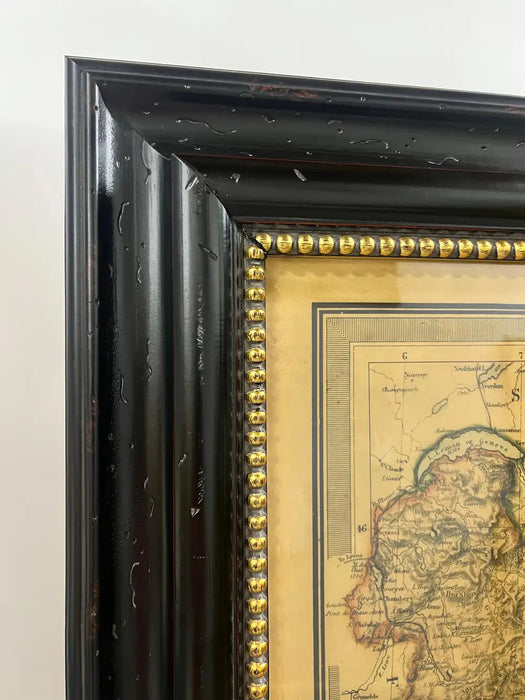Large Vintage Antiqued Stanford Map of Italy in Black & Gold Frame 1990's