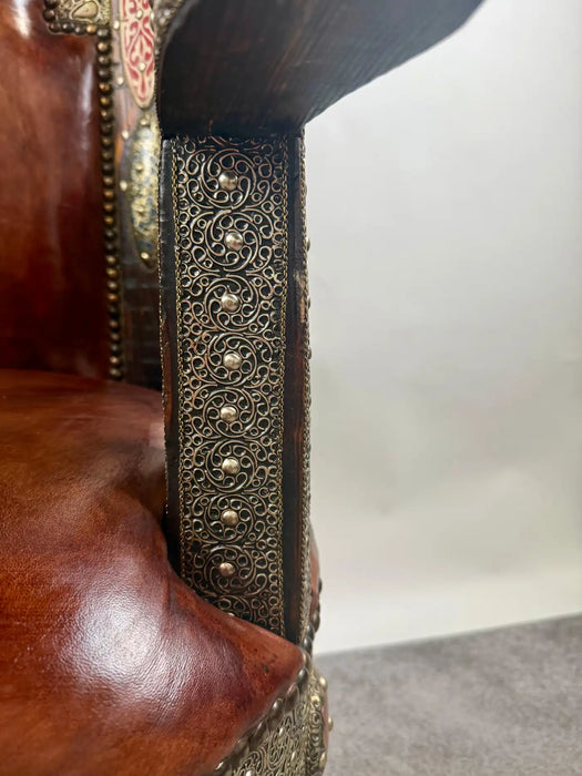 Portuguese Colonial Style Leather & Filigree Design Throne Chair