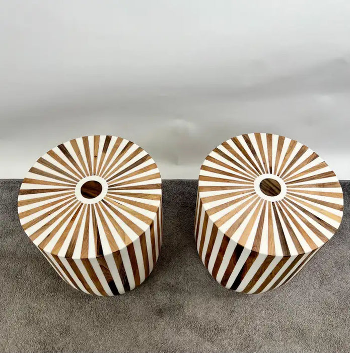 Art Deco Style Brown & White Cylindrical Walnut Resin End Table or Stool, a Pair