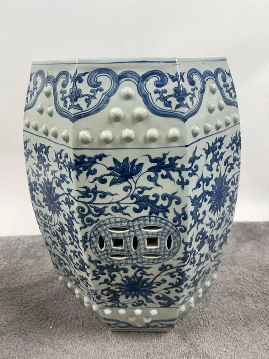 Chinese Qianlong Style Porcelain Octagonal Garden Blue & White Stool, a Pair