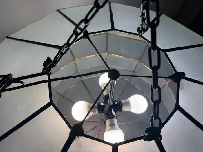 Art Deco Style Large Circular White Milk Glass & Bronze Pendant, Chandelier
