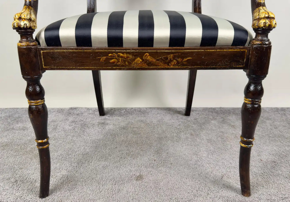 Italian Regency Style Side Chair, Ebonized with Gold Finish & Stripe upholstery