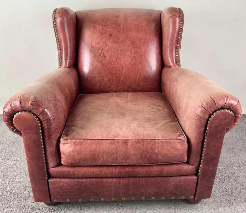 American Classical Style Distressed Leather Red - Brown Oversized Club Chair