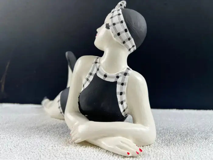French Style Bathing Beauty Resin Figurine in Black & White Gingham Swimsuit