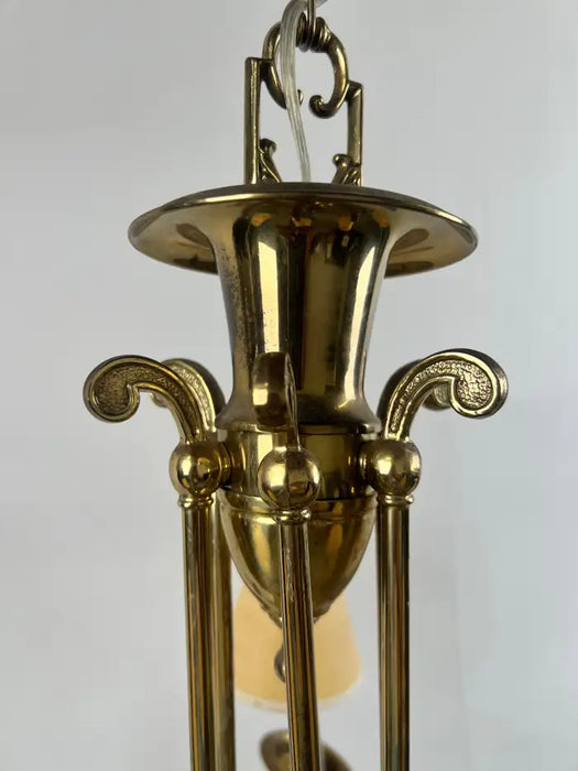 French Empire Style Brass & Etched Cut Glass Center Globe Chandelier - 6 Arms